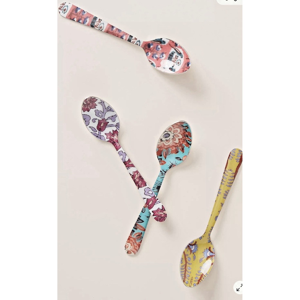 Anthropologie Blockprint Floral Boho Farm Teaspoons Set of 4 New Package 5.25"L